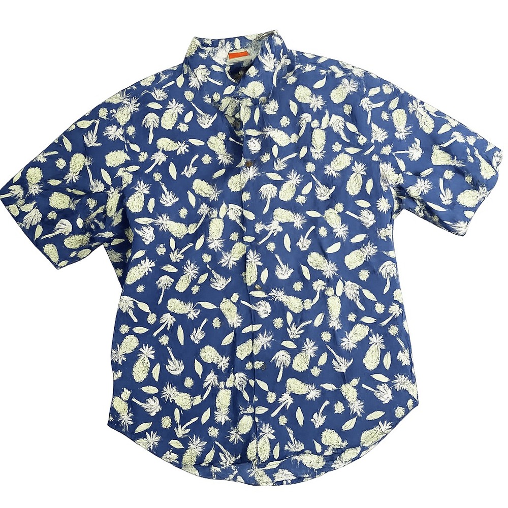 Reyn Spooner Aloha Shirt Men L Blue Pineapple Floral‎ Hawaiian Button Up Cotton